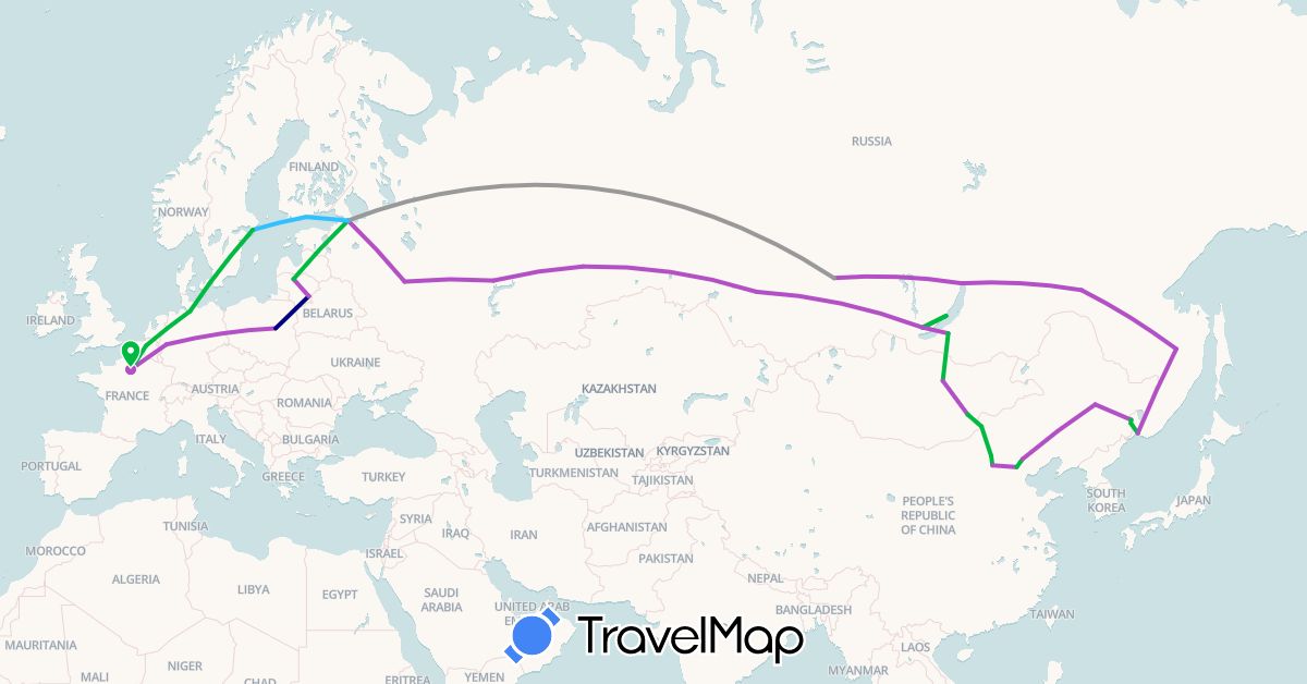 TravelMap itinerary: driving, bus, plane, train, boat in Belgium, China, Germany, Denmark, Finland, France, Lithuania, Mongolia, Poland, Russia, Sweden (Asia, Europe)